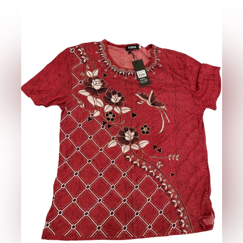 Very beautiful red and black floral print top.